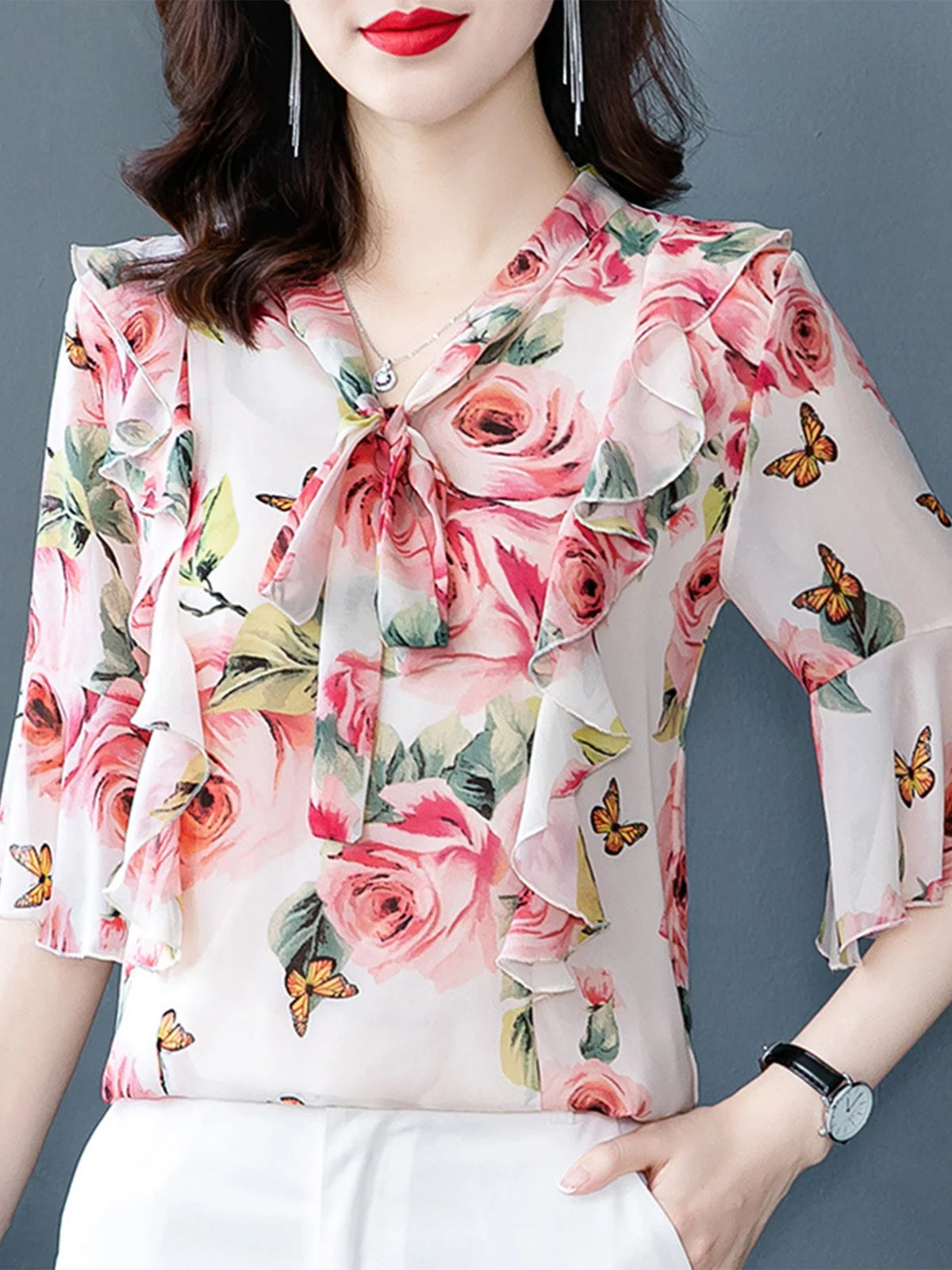Tops for Women Dressy Casual,Ruffle Sleeve Blouses Floral Shirts,V Neck Summer Fashion Clothes