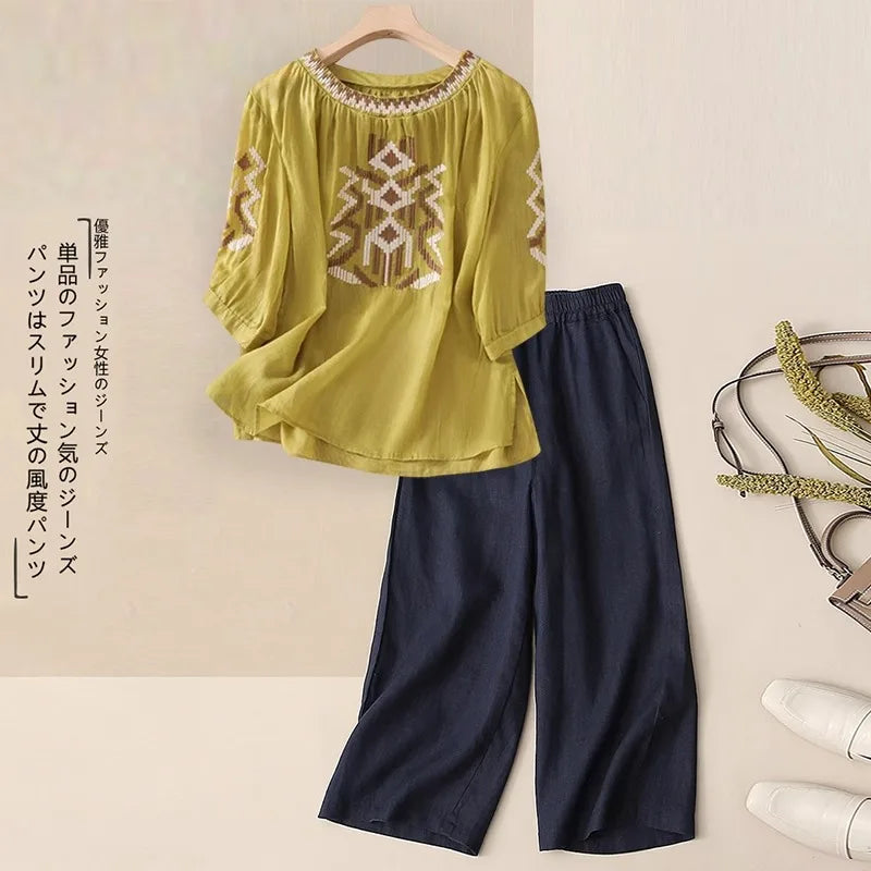 Fashionable Retro Linen Top And Pants Set for Women High End Cotton Linen Two Piece Suit Summer New Arrival Elegant Momwear