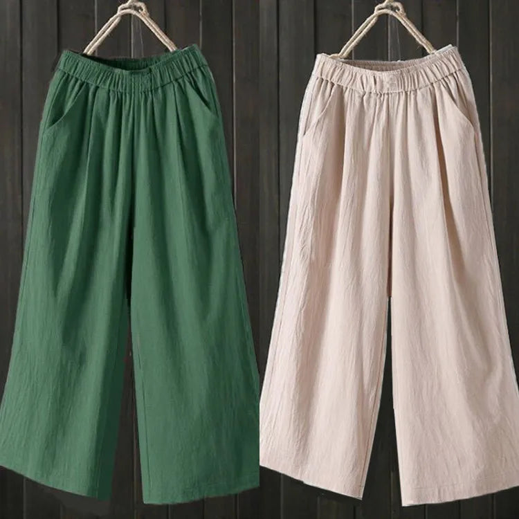 Pure Cotton Wide Leg Pants Women's Summer Loose Mom Large Size Cotton Nine Points Casual Pants High Waist Straight Cut Trousers