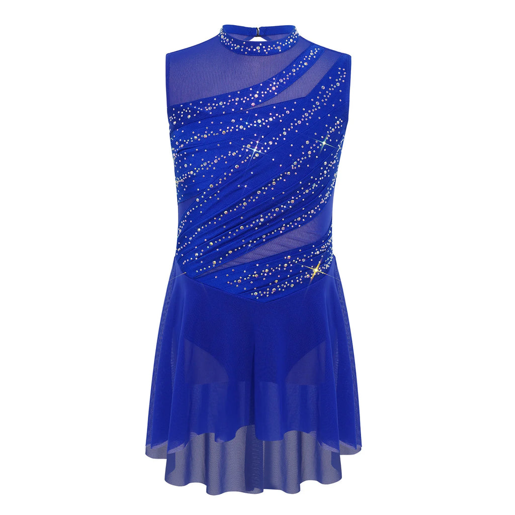 Kids Girls Lyrical Dance Dress Sleeveless Sheer Mesh Patchwork High-Low Hem Ruched Shiny Rhinestone Leotard Dress Ballet Dresses
