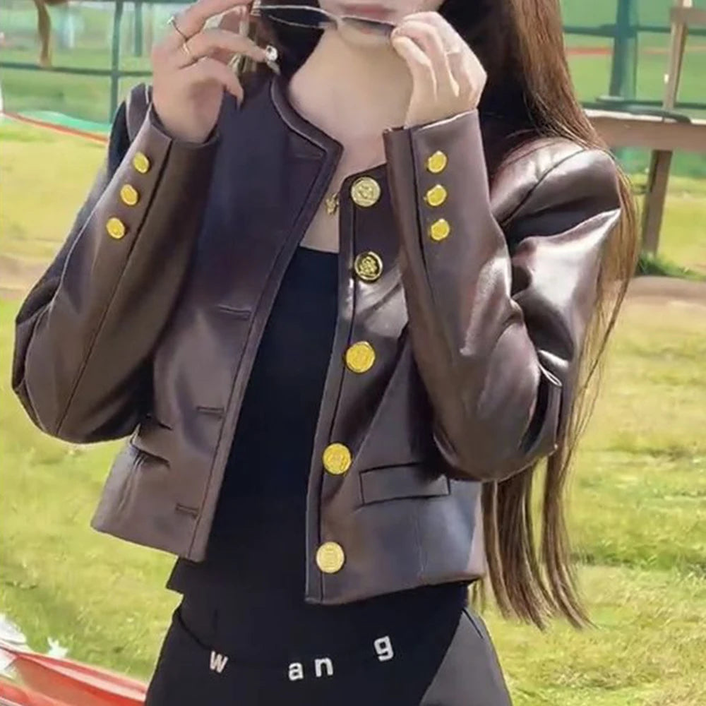 2025 autumn new fashion leather U coat women's high-end heavy industry metal buckle lapel thin short leather jacket