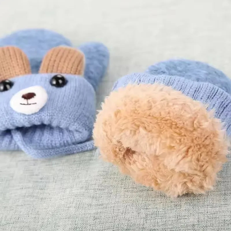 0-3 Year Old Children's Gloves Boys and Girls Cute Little Bear Cartoon Knitted Yarn Gloves Double-layer Thick Keep Warm Winter