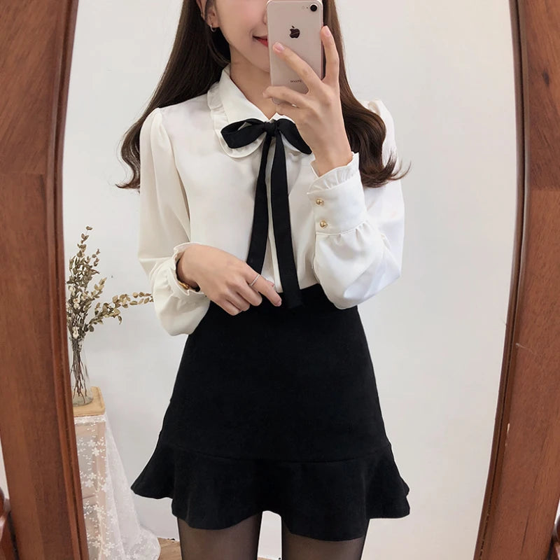 Female Tops Blouses Hot Sales 2024 Cute Sweet Girls Preppy Style Solid Lace-Up Bow Tie Formal Work Office Lady Basic Shirts
