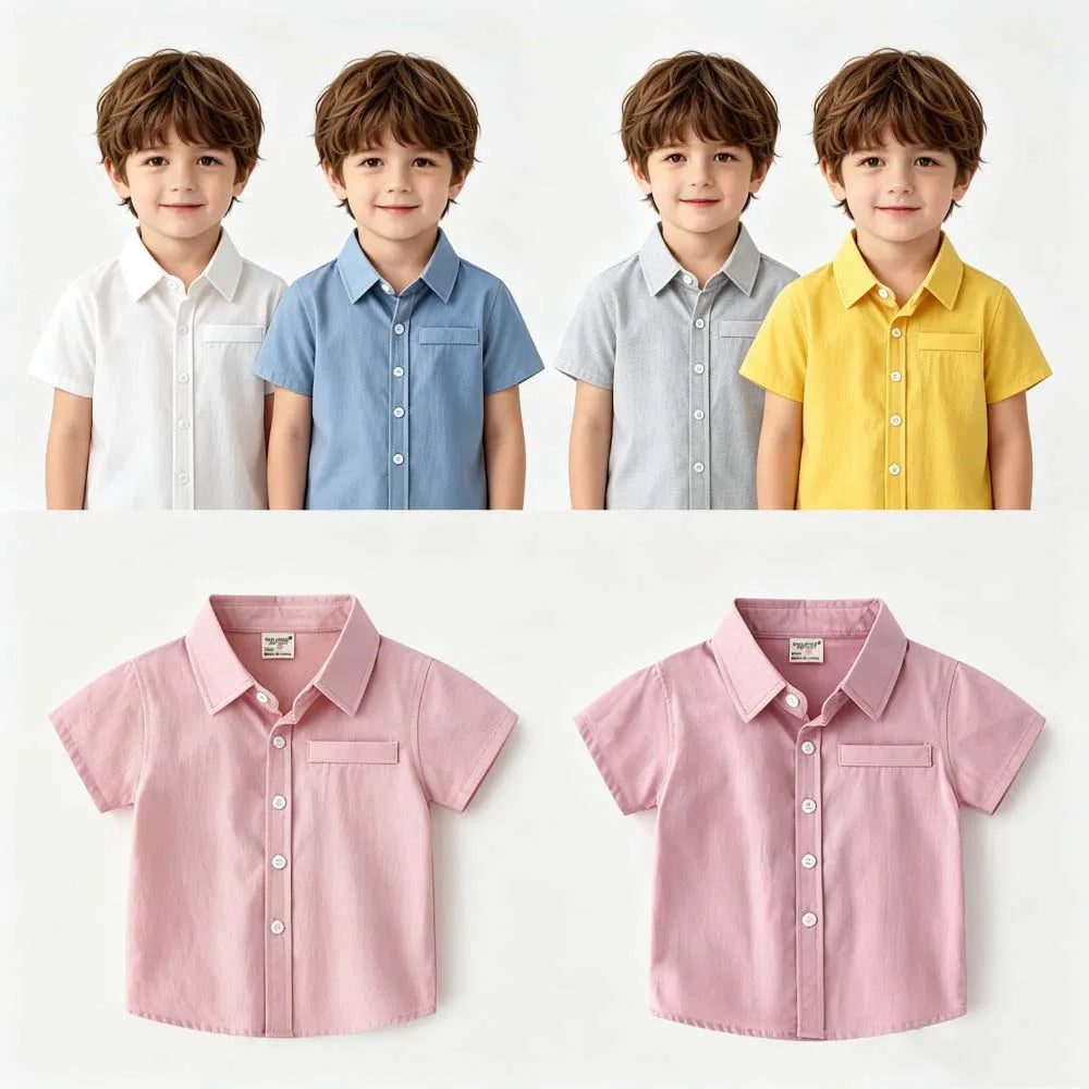 2-7Y Toddler Boys Cotton Button Up Shirts Solid Color Lapel Pocket Short Sleeve Kids Summer Casual School Outfit Blouses