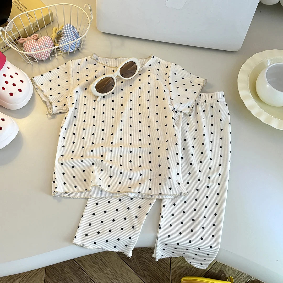 Kids Summer Striped Polka Dot Pajamas Set Baby Girls Short Sleeve Tops+Pants 2PCS  Soft Breathable Loungewear Clothes Set