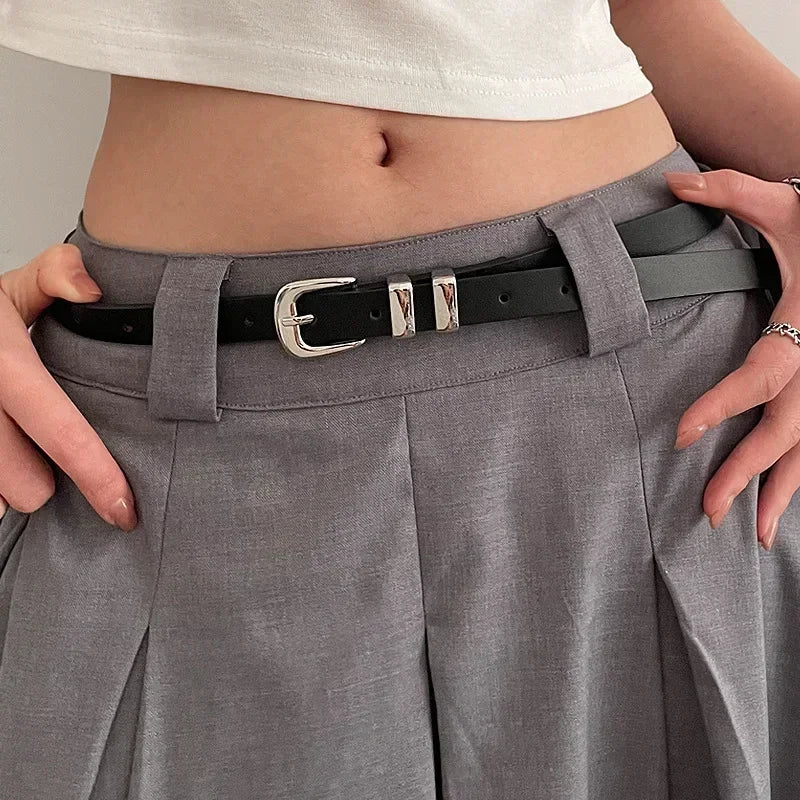 Fashionable Thin Belts for Woman Minimalist Solid Color Versatile Belts Beautiful Silver Color Metal Buckle Belts