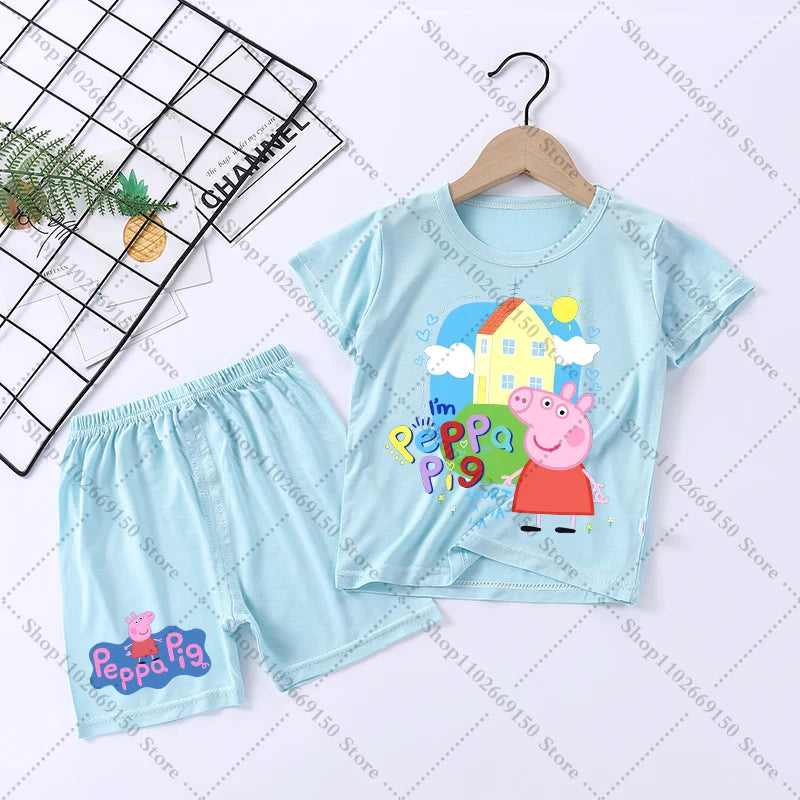 Children Anime Cute Pajama Set Cartoon Peppa Pigs Casual Pajamas Summer Clothing Nightwear Homewear Short Sleeve Loungewear Gift