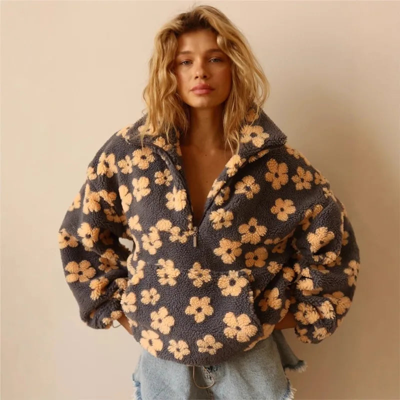 2025 Autumn/Winter New Fashionable Warm Plush Hoodie With Casual Flower Print Loose High Collar Loose Long Sleeve Fleece Hoodie