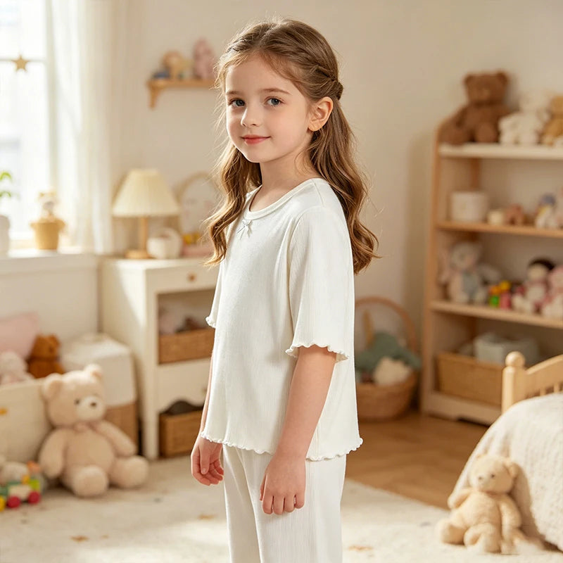 Kids Girls Ice Silk Loungewear Set Sweet Ruffle Sleepwear Soft Breathable Summer Casual Home Pajamas 2 Piece Outfit