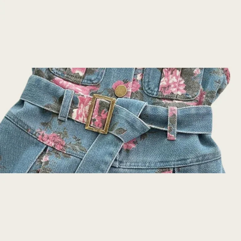 Kids Children 2 - 8 Y Baby Girls Sleeveless Floral Printed Denim Dress with Stylish Belted Design Fashion Summer Outfit