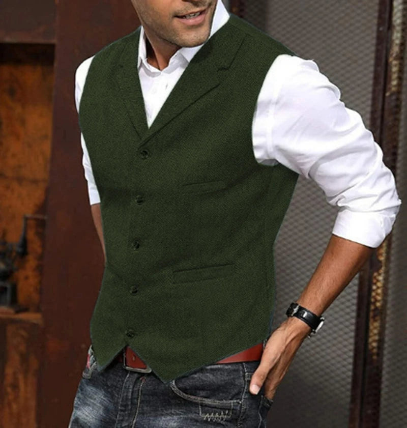 Men's Business Woolen Suit Vest Fashionable British Retro Twill Vest Workwear Slim Fit Vest Elegant Classic Style