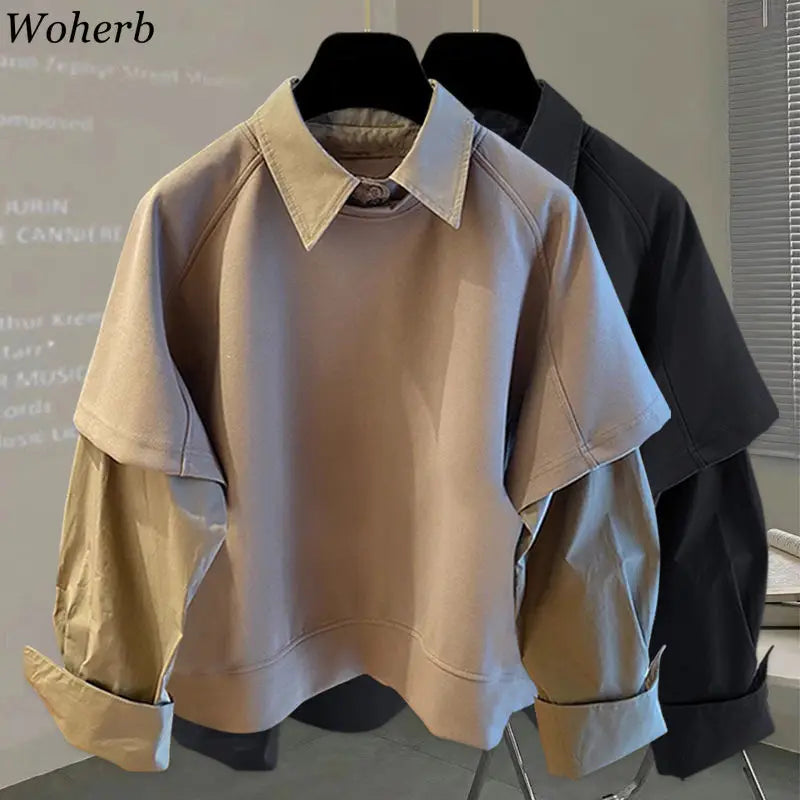 Fake Two Pieces Hoodie Women Clothing Preppy Style Long Sleeve Casual Loose Tops Vintage Fashion Y2k Sweatshirts 2026 Ropa Mujer