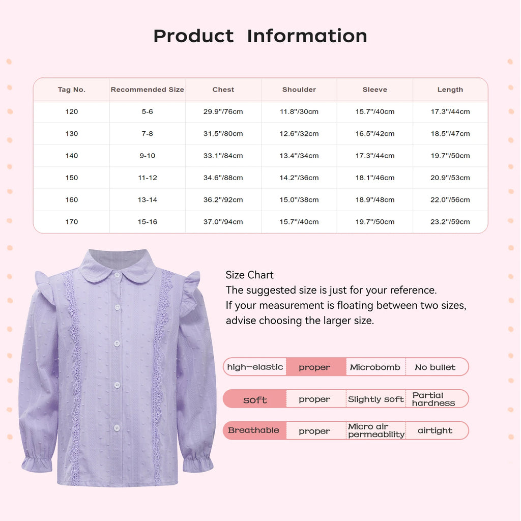 Kids Girls Shirts Spring Autumn Cotton Cute Lace Trim Collar Solid Color Puff Sleeve Bowknot Blouse Tops Casual School Uniform