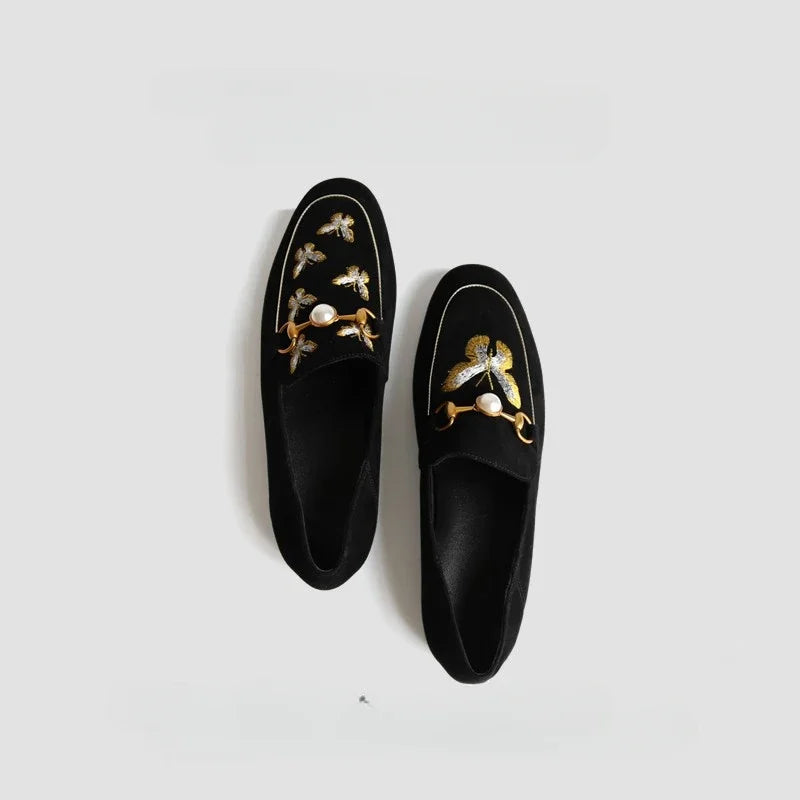 Women Shoes Flat Shoes Loafers Comfortable Work Flats Shoe loafers Female New 2024 Spring Autumn Pearl Embroidered Bee