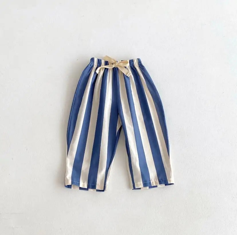 Kids Versatile Casual Pants With Striped Patterns Elastic Waist Trousers Match Summer Outfits Baby Kid Popular Bottoms Trousers
