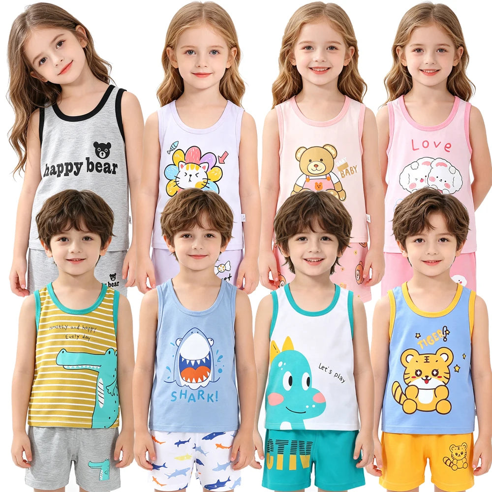 Summer Girls Pajamas Sets Kids Clothes Vest Suit Children Clothing baby Cotton T-Shirts Shorts Tank Top Boys Pyjamas Tank Tops