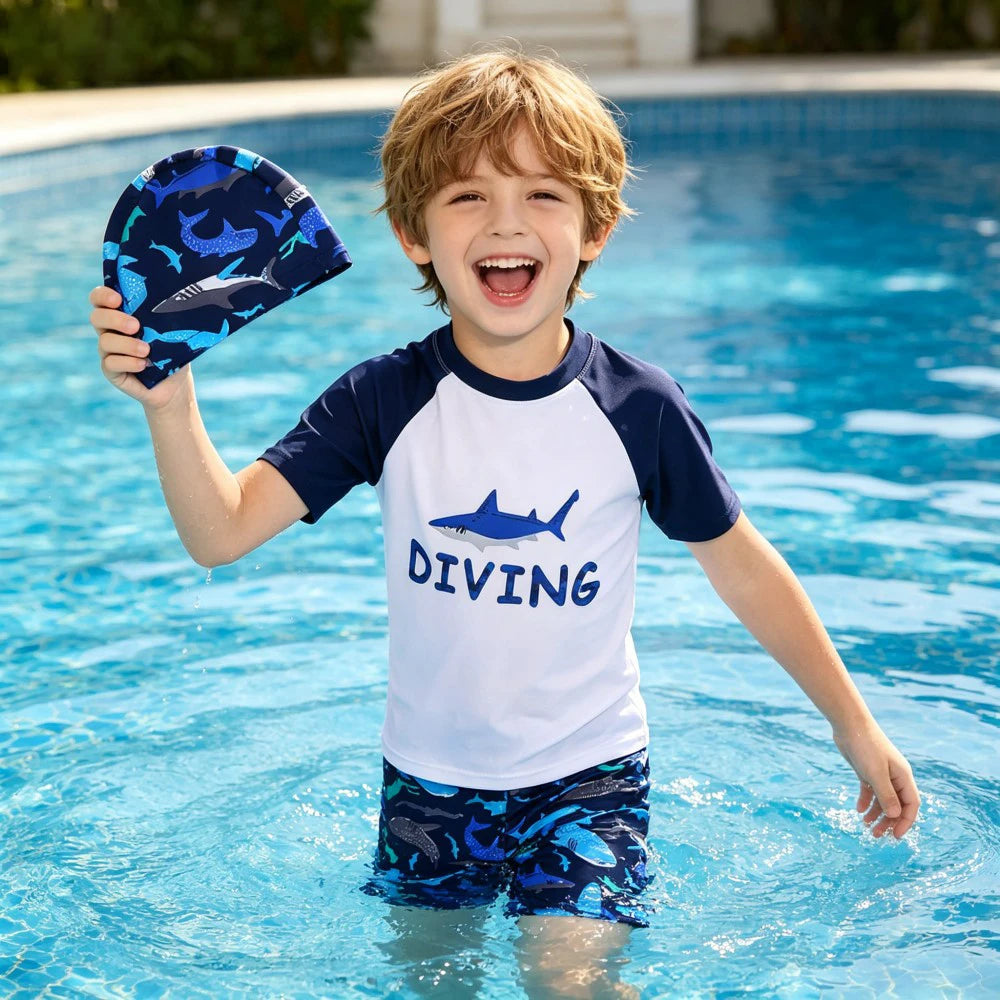 Girls Swimsuit Children Summer Short Sleeve Swimwear Kids 3PCS Top+Shorts+Cap Bathing Suit Boys Swimming Suit 3-14Y