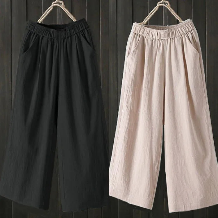 Pure Cotton Wide Leg Pants Women's Summer Loose Mom Large Size Cotton Nine Points Casual Pants High Waist Straight Cut Trousers