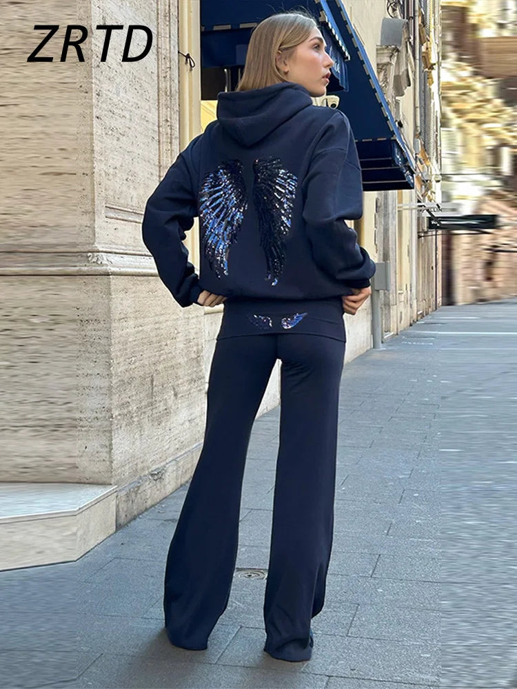 Y2k Wing Sequined Hoodies Pants Sets Women Hooded Long Sleeve Sweatshirt Straight Pant 2025 Autumn Winter Lady Street Outfits