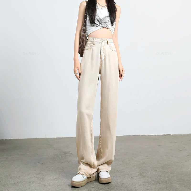 Summer Soft Lyocell Fabric Woman Jeans Loose Wide Leg Straight High Waisted Thin Pant Fashion Comfort Pink Casual Trousers