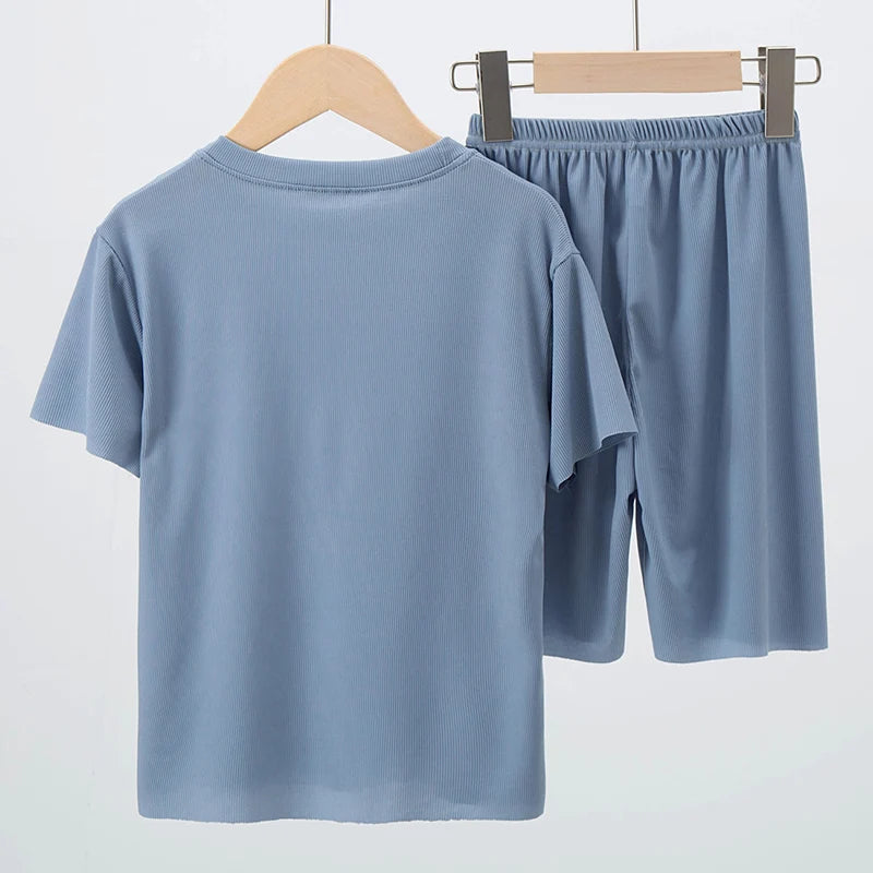 Children's Ice Silk Pajamas, Summer Thin Short Sleeved Shorts, 2-Piece Set of Big Boys and Girls' Home Clothing Set