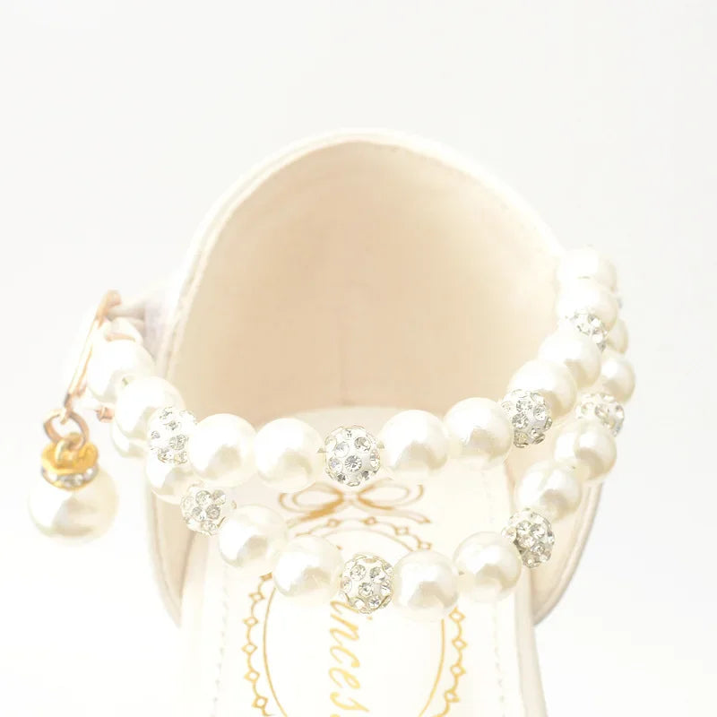 Fashion Children's Leather Shoes Spring New Pearl Girls' High Heels Princess Shoes Student White Performance Shoes