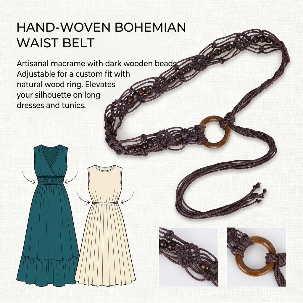 Bohemian Woven Belt for Women with Wooden Buckle Handcrafted Adjustable Long belts Skirt Accessory Stylish Casual Use