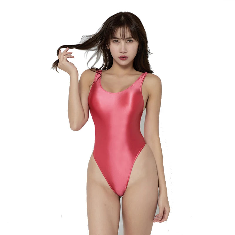 AMORESY-Women's Oil Glossy Shiny High Fork T-Shaped Swimsuit, Sexy Tights, Two Wearing Methods, Swimwear