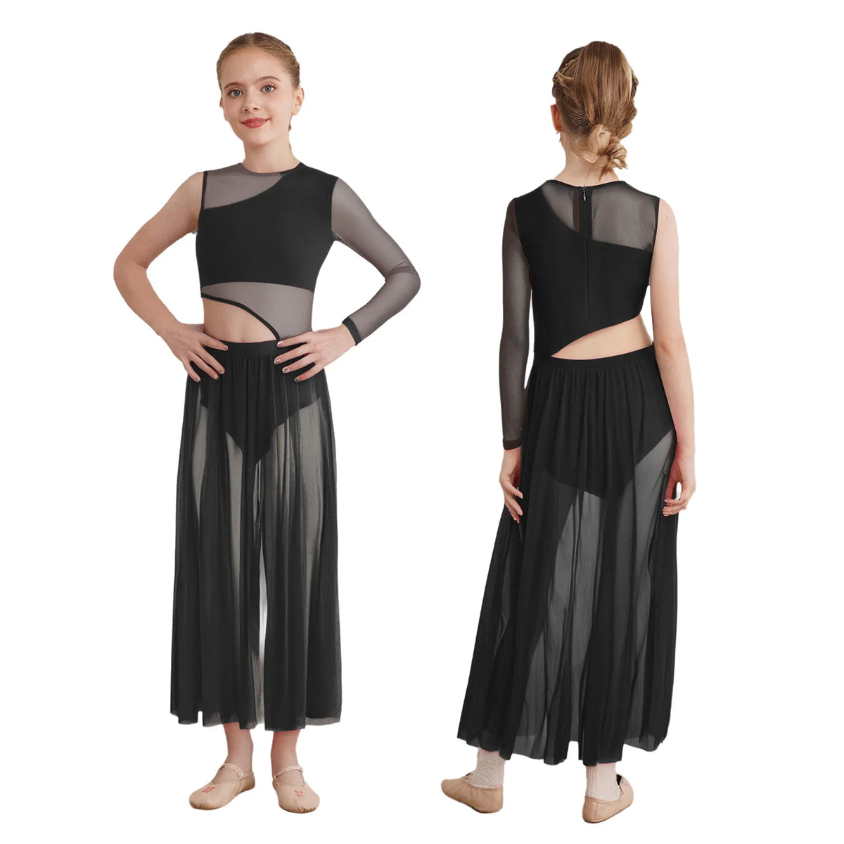 Kids Girls Lyrical Contemporary Dance Dress Patchwork Side Split Mesh Shiny Rhinestones Dresses Competition Performance Costumes