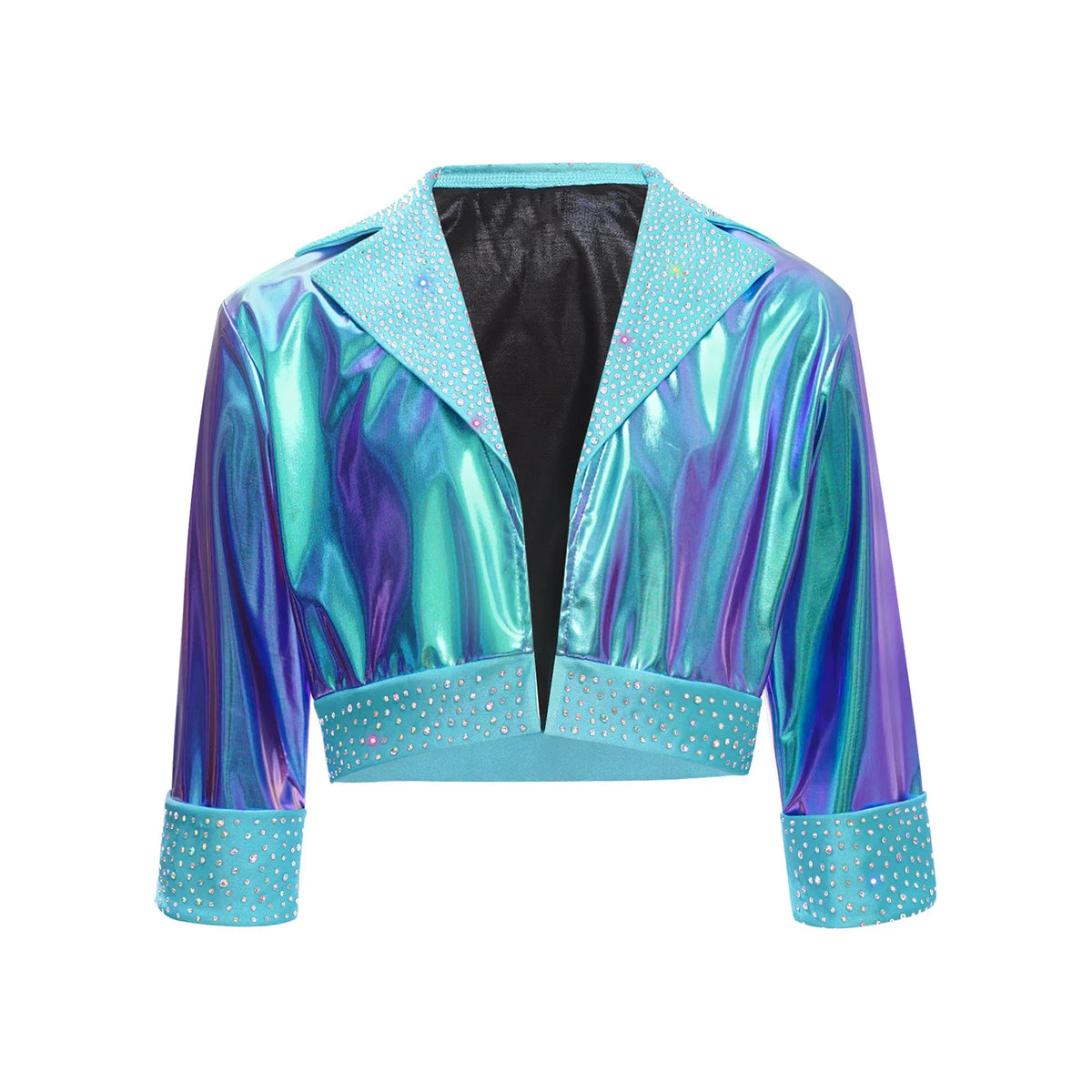 Kids Girls Shiny Rhinestones Metallic Jacket Hip Hop Jazz Dance Top Outerwear Long Sleeve Disco Stage Performance Streetwear