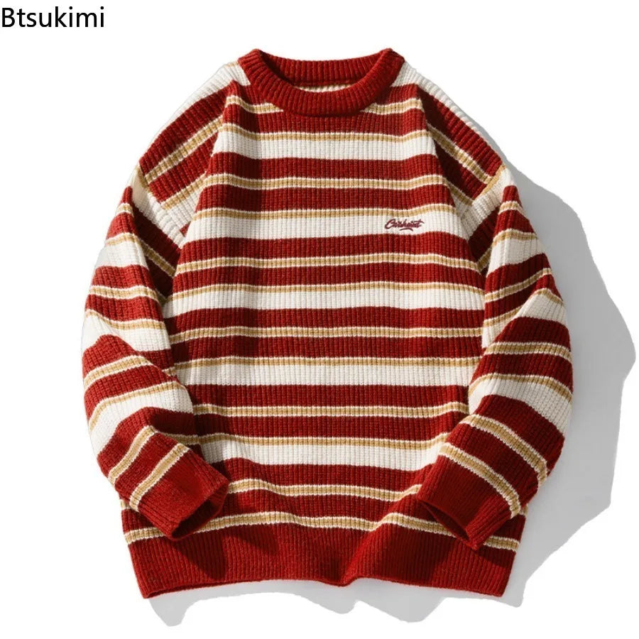 Vintage Striped Knitted Sweaters for Men Autumn Winter New Casual O-neck Embroidered Pullovers Street Style Couple Sweater Coats