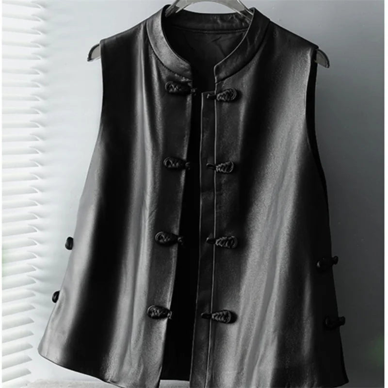 New Chinese Style Leather Vest Women Spring Autumn Fashion Buckle Collar Vests Ladies Retro Sleeveless Leather Waistcoat Jacket