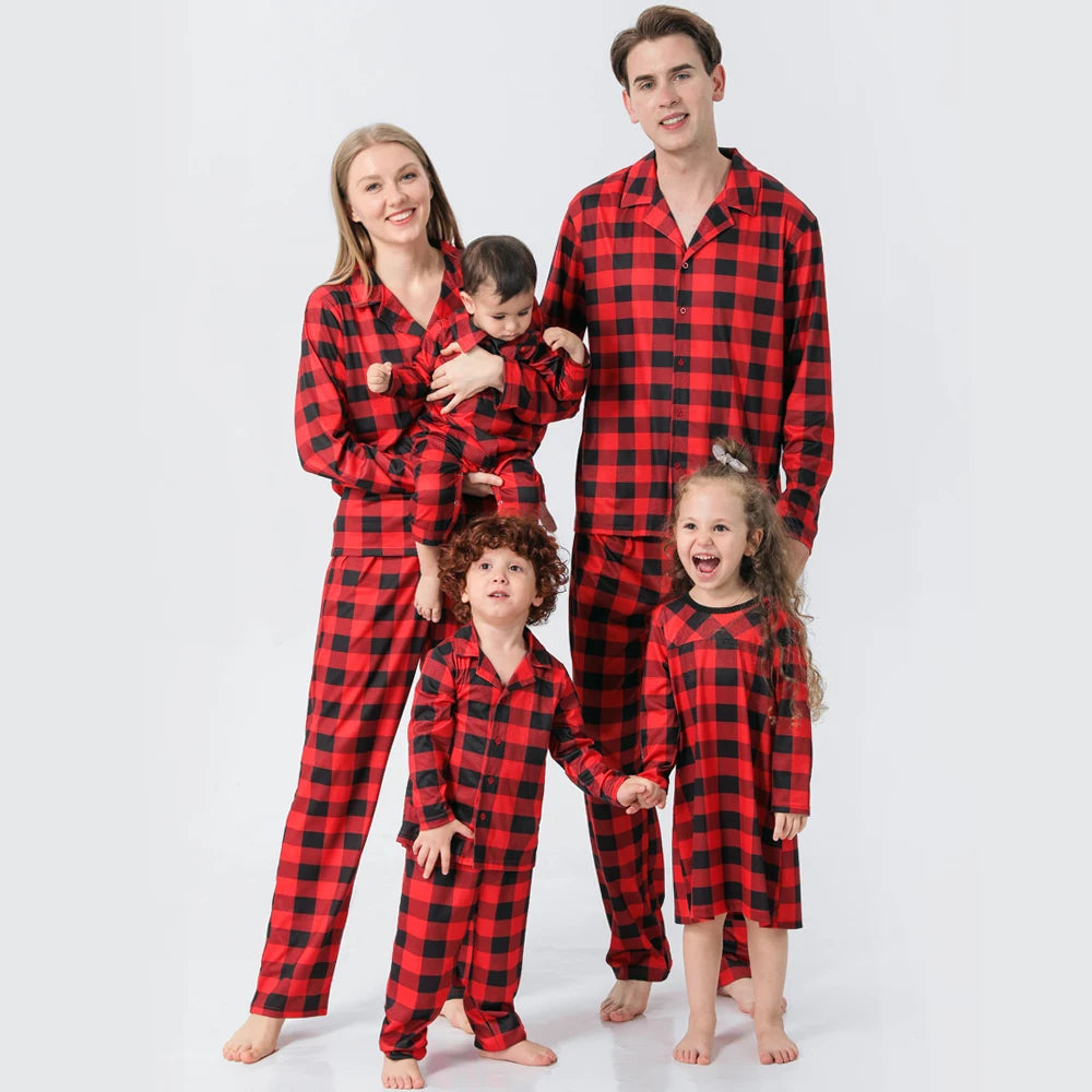 Christmas Family Pajamas Plaid Print Mother Father Kids Matching Clothes Full Sleeve Button Shirt Boy Set Girl Dress Xmas Look