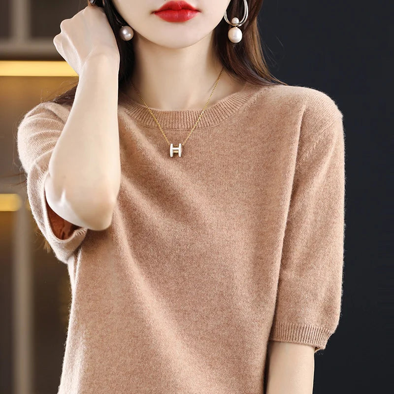 2025 New Spring Summer Women Sweater Short Sleeve O-Neck Pullover 100% Merino Wool Pure Color Knitted Jumper Female Clothing