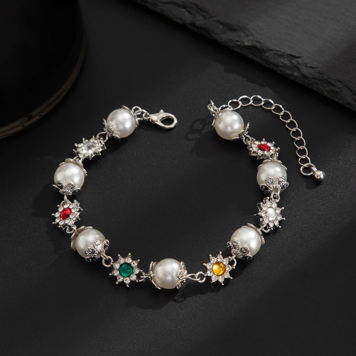 KunJoe Creative Shining Inlaid Rhinestones Imitation Pearl Bracelet for Men Fashion Statement Hand Bracelet Male Street Jewelry