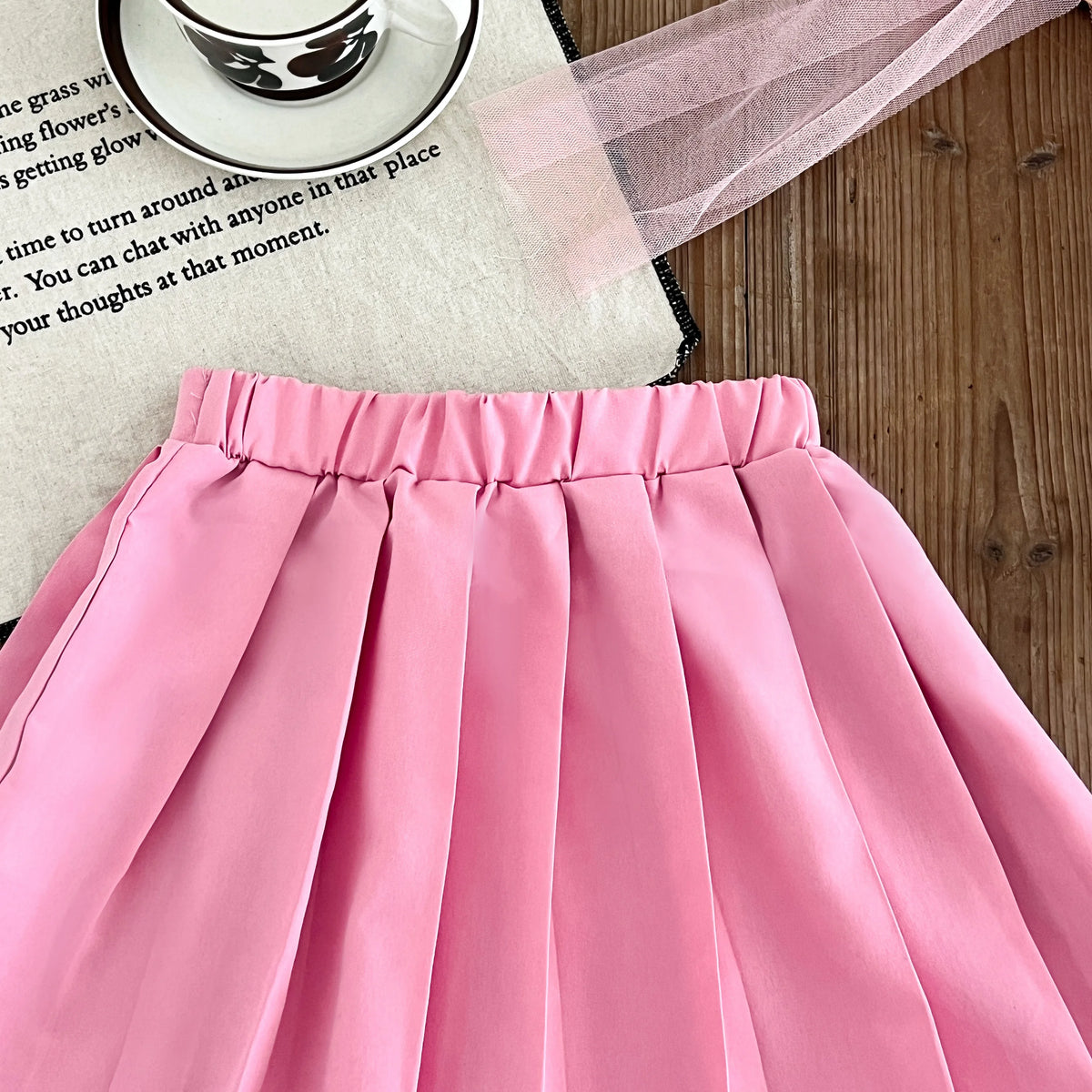 Kids Clothing Sets New  Autumn Bow Long Sleeve Black Sweatshirt Pink Pleated Skirt 2-Piece Girl Clothing Suits