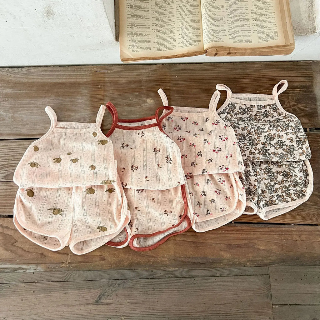 Children Pajamas Danish Style Home Clothes Summer Baby Sling Suit Print Top Vest +shorts Kids Ventilate