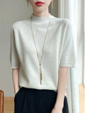 Short Sleeve Women Sweater Basics 30% Merino Wool Female Knitted Pullover Summer Clothing Tops Solid Casual Mock Neck T Shirts