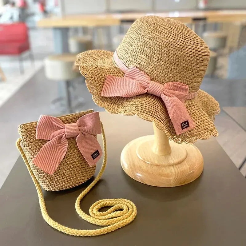 Kids Hat For Girls 2-7Y Straw Children's Sunshade Cap Bag Summer Baby Travel Sunscreen Beach Hat Sun Fisherman Cap Fashion Style