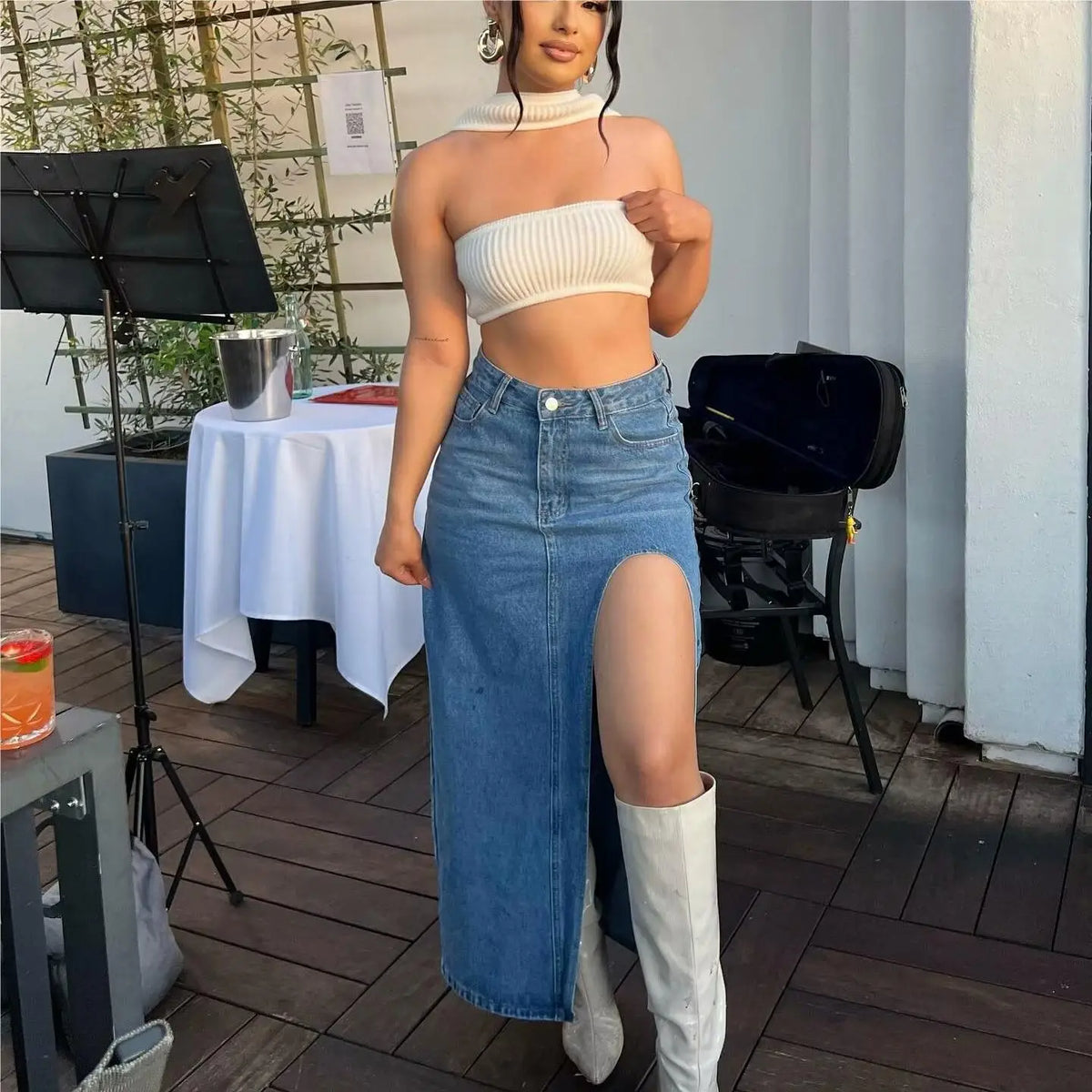 2024 Summer Midi Skirts Vintage Clothes Sexy Skirts For Women Blue Jeans Skirt High Waisted Denim Skirt Split Thigh Denim Skirt