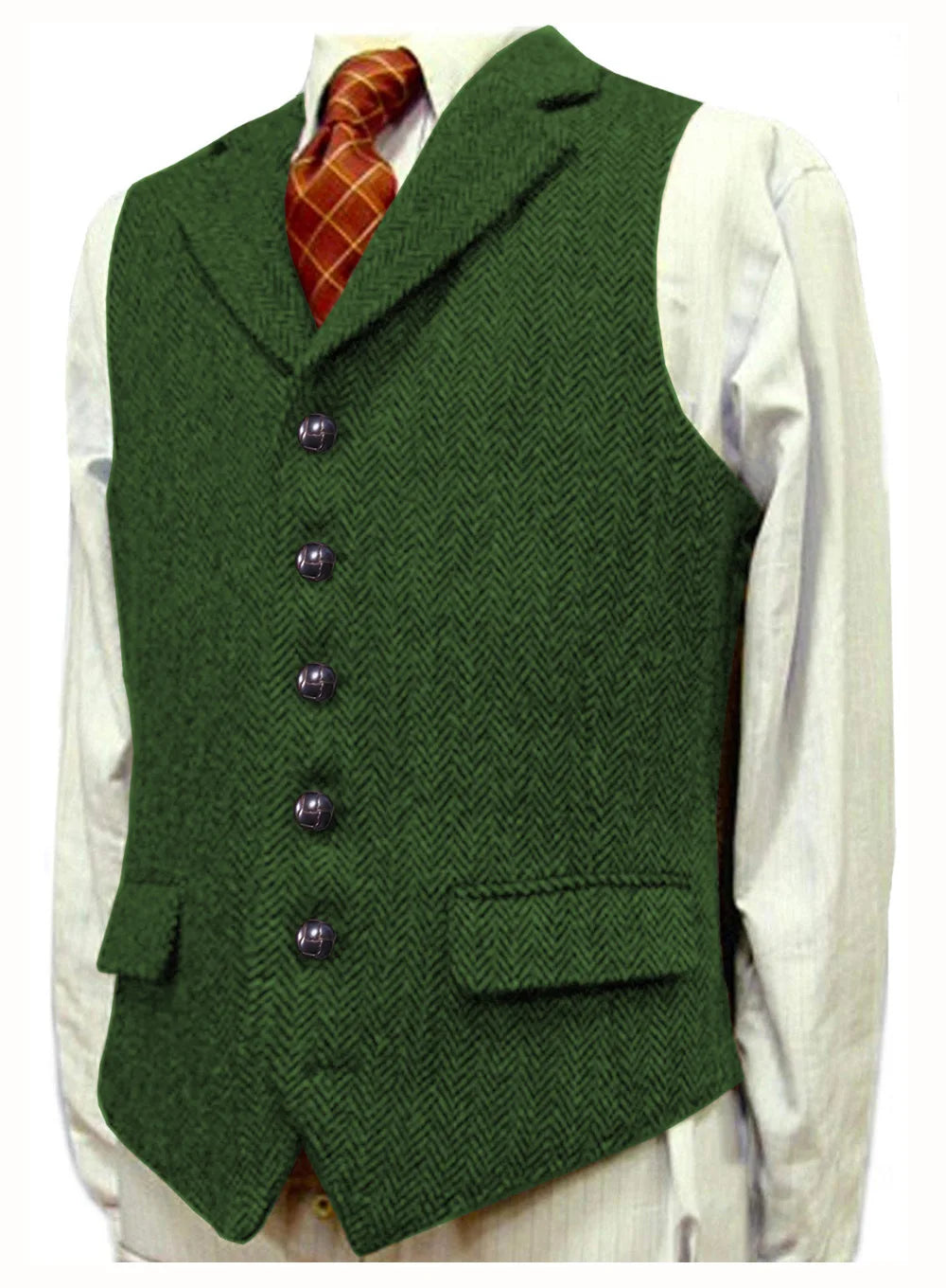 Men Vest With Lapel Boutique Herringbone Wool Tweed Slim Fit Waistcoat Casual Formal Business Wedding Daily Men Suit Vest