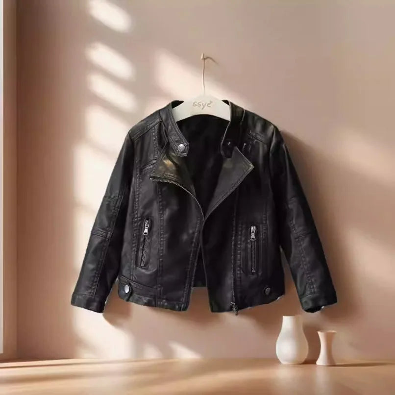 2025 Girls Boys Black Pu Zipper Jackets Kids Baby Leather Jacket  Cool Coat Children Clothes Overcoats Spring Autumn 2-14T