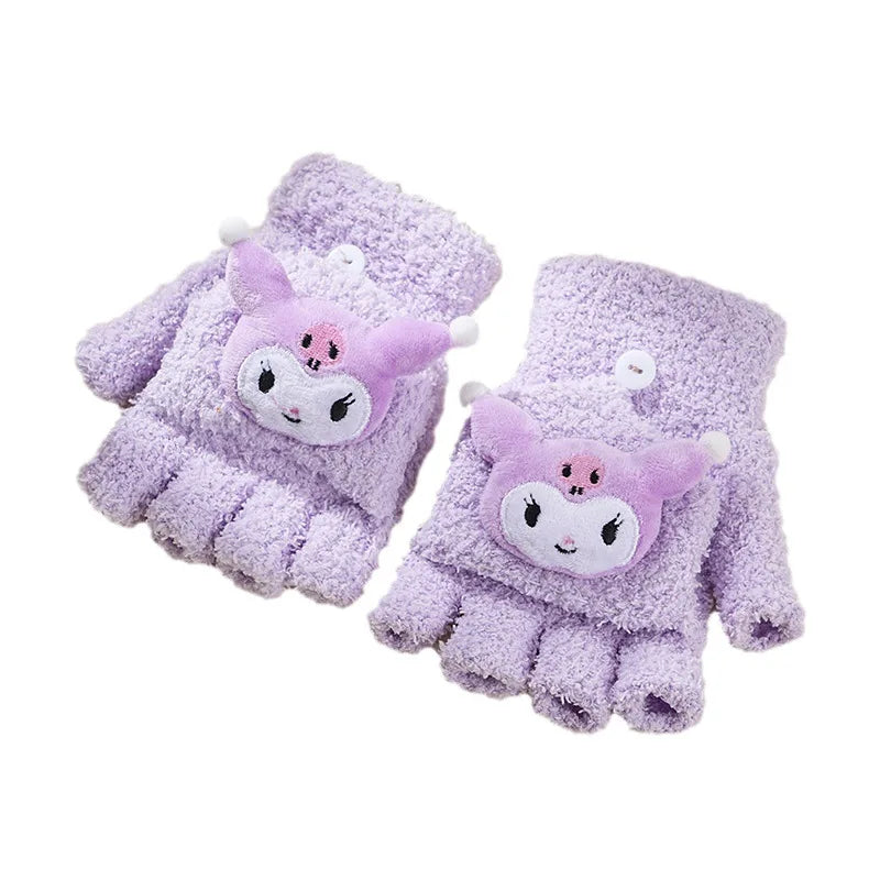 Children's Warm Gloves for Boys and Girls Cartoon Cute Half Finger Knitted Winter Flip Cover Baby Thick Cold Proof Five Fingers