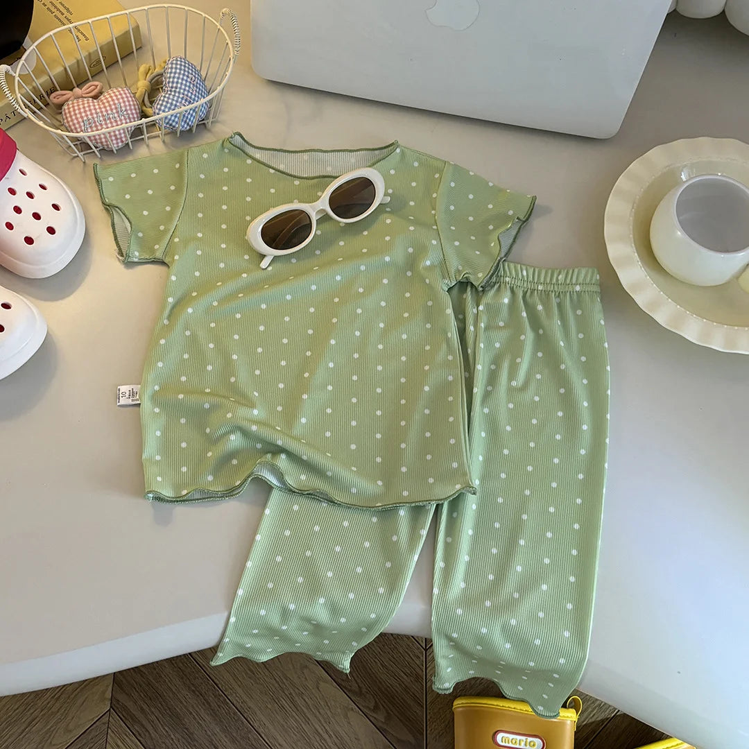 Kids Summer Striped Polka Dot Pajamas Set Baby Girls Short Sleeve Tops+Pants 2PCS  Soft Breathable Loungewear Clothes Set