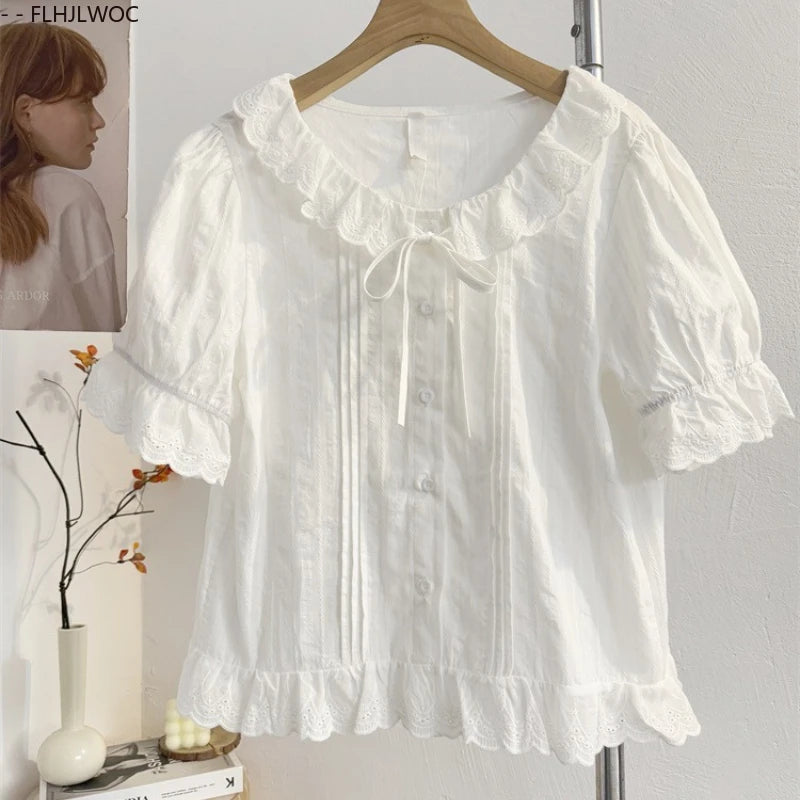 Cute Cotton Blends Tops Short New Design 2025 Woman Summer Short Sleeve Ruffles Casual Hollow Out White Lace Shirts