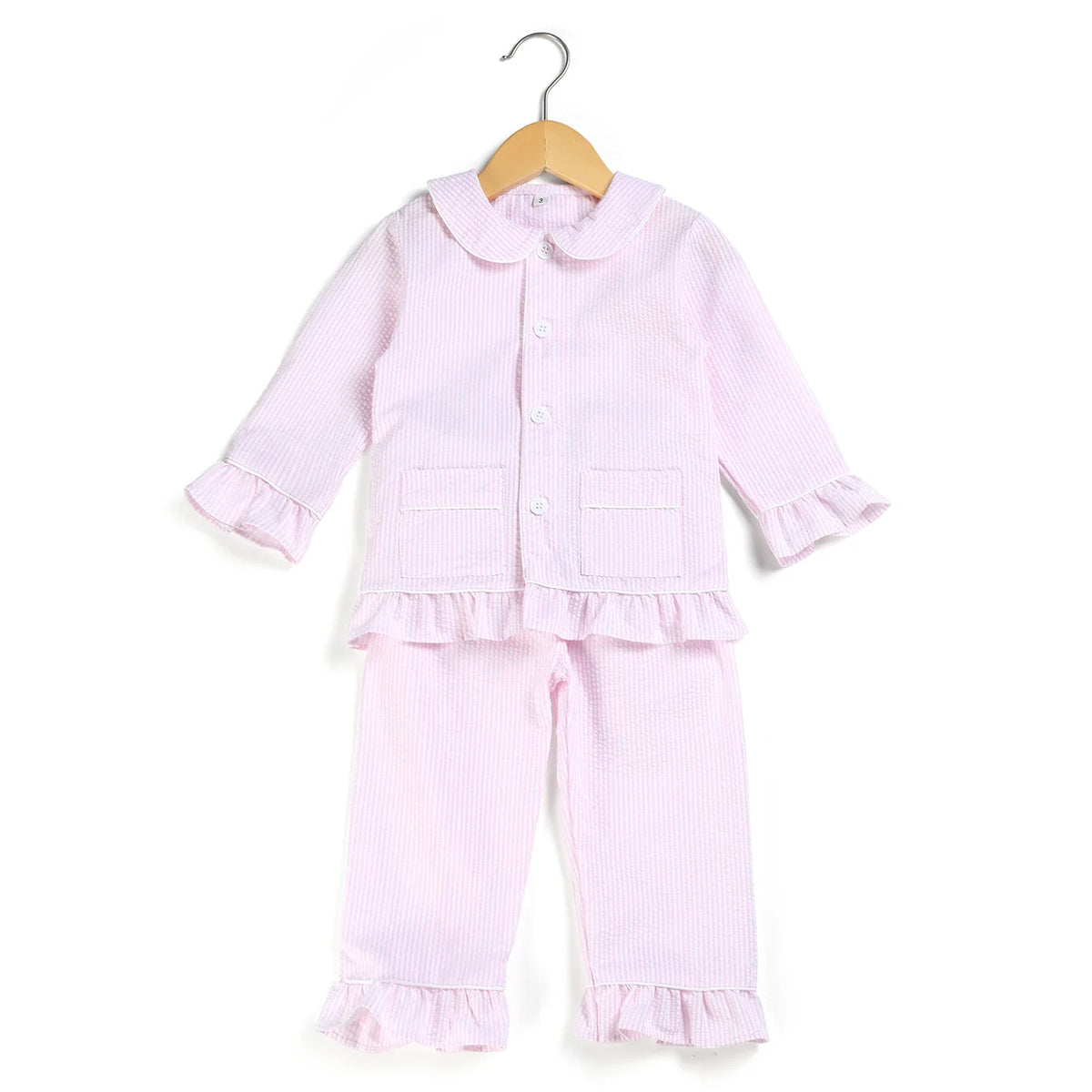 Ruffkids 100% Cotton Summer Kids Pajamas Sleepwear Seersucker Striped Matching Pjs Boys Clothes Loungewear Girls Pyjamas Set