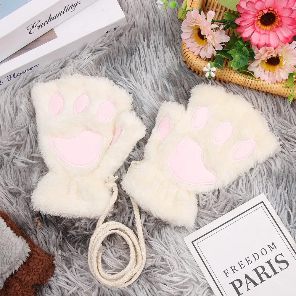 Children Cat Gloves Fashion Boys Girls Cat Claw Paw  Mittens Warm Soft  Short Fingerless Half Finger Winter Gloves