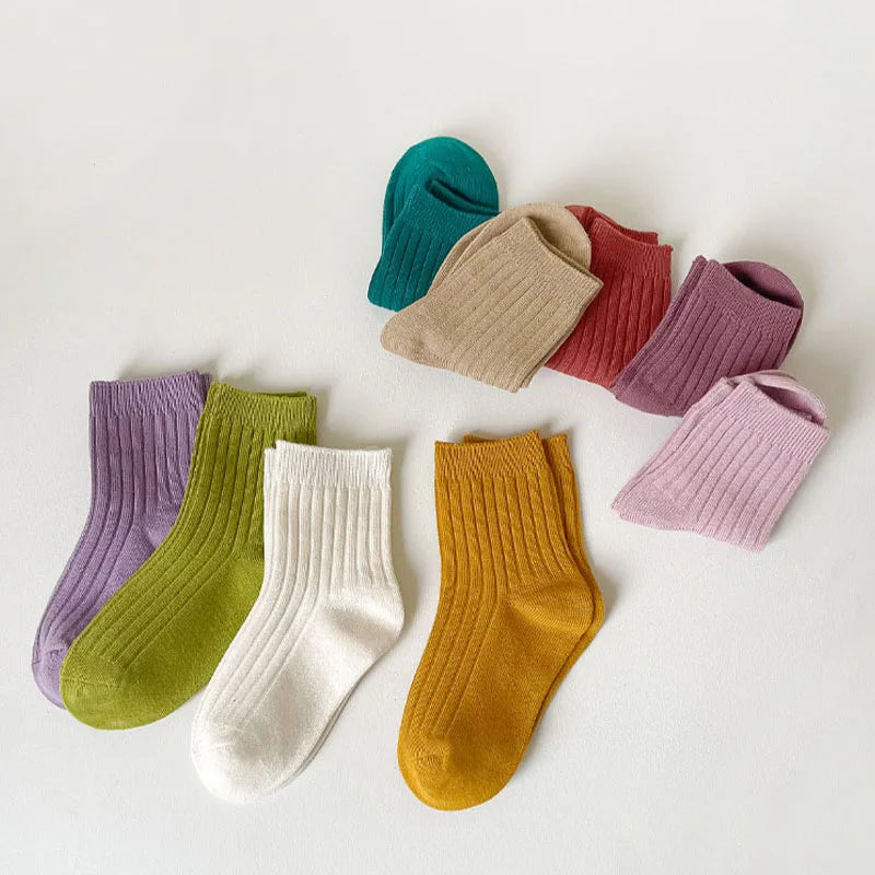 5 Pairs/Lot Children'S Socks Set Solid Color Double Needle Cotton Kids Mid-Tube Socks Candy Color Boys And Girls Student Socks