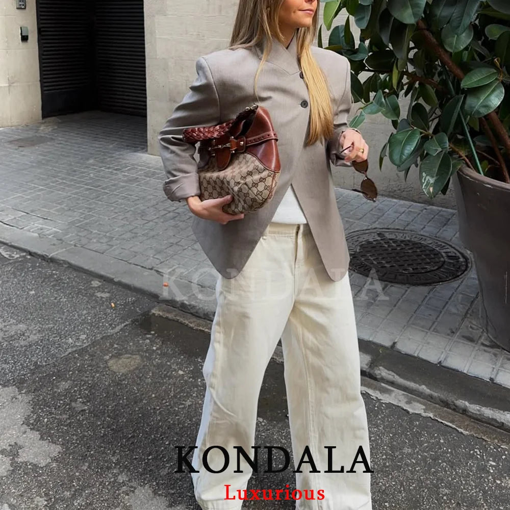 KONDALA Vintage Office Lady Gray Solid Blazer Stand Collar Long Sleeve Loose Blazer Fashion 2026 Spring Summer Casual Blazer