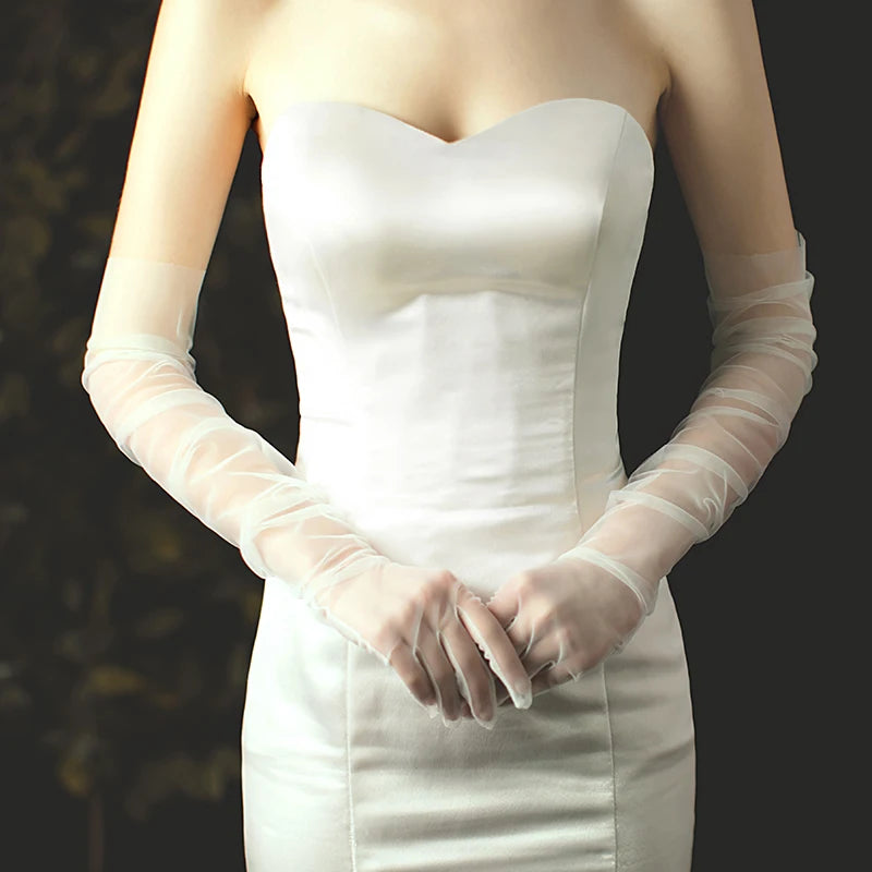 WG002-1 Elegant White / Black Long Gloves Light Breathable Tulle Brides Bridesmaid Wedding Pageant Prom Women Gloves